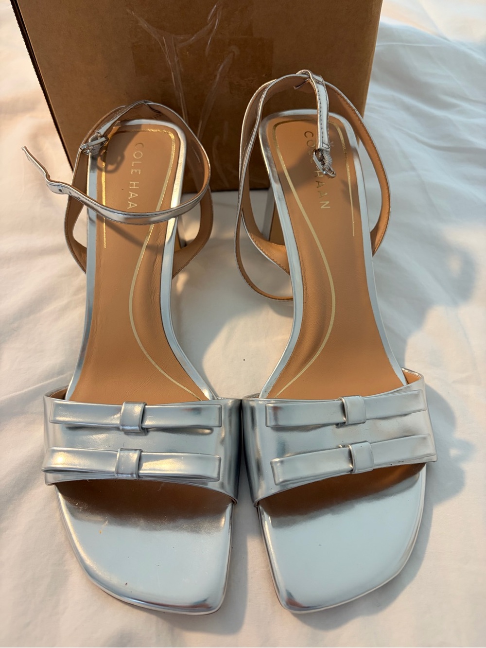 Cole Haan Metallic Silver Ankle-Strap Square-Toe Sandals